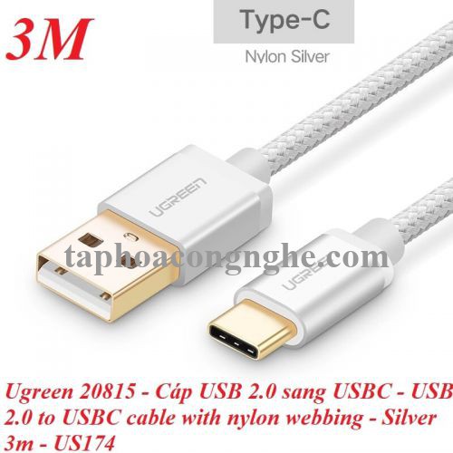 Ugreen 20815 3M màu Trắng Dây USB 2.0 sang Type-C đầu nhôm dây bọc vinyl US174 30020815